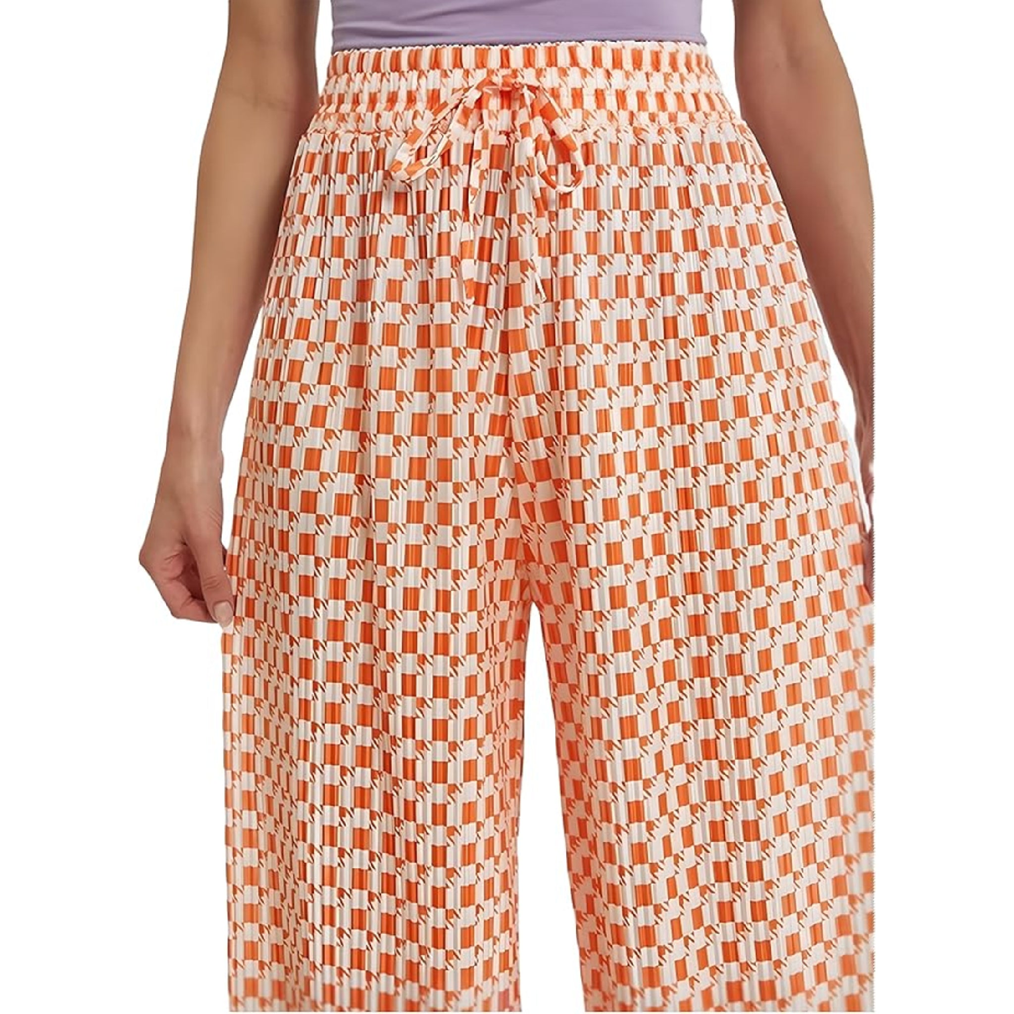 Ladies Orange and White Check Design Palazzo Trousers – Wide Leg Lightweight Summer Pants